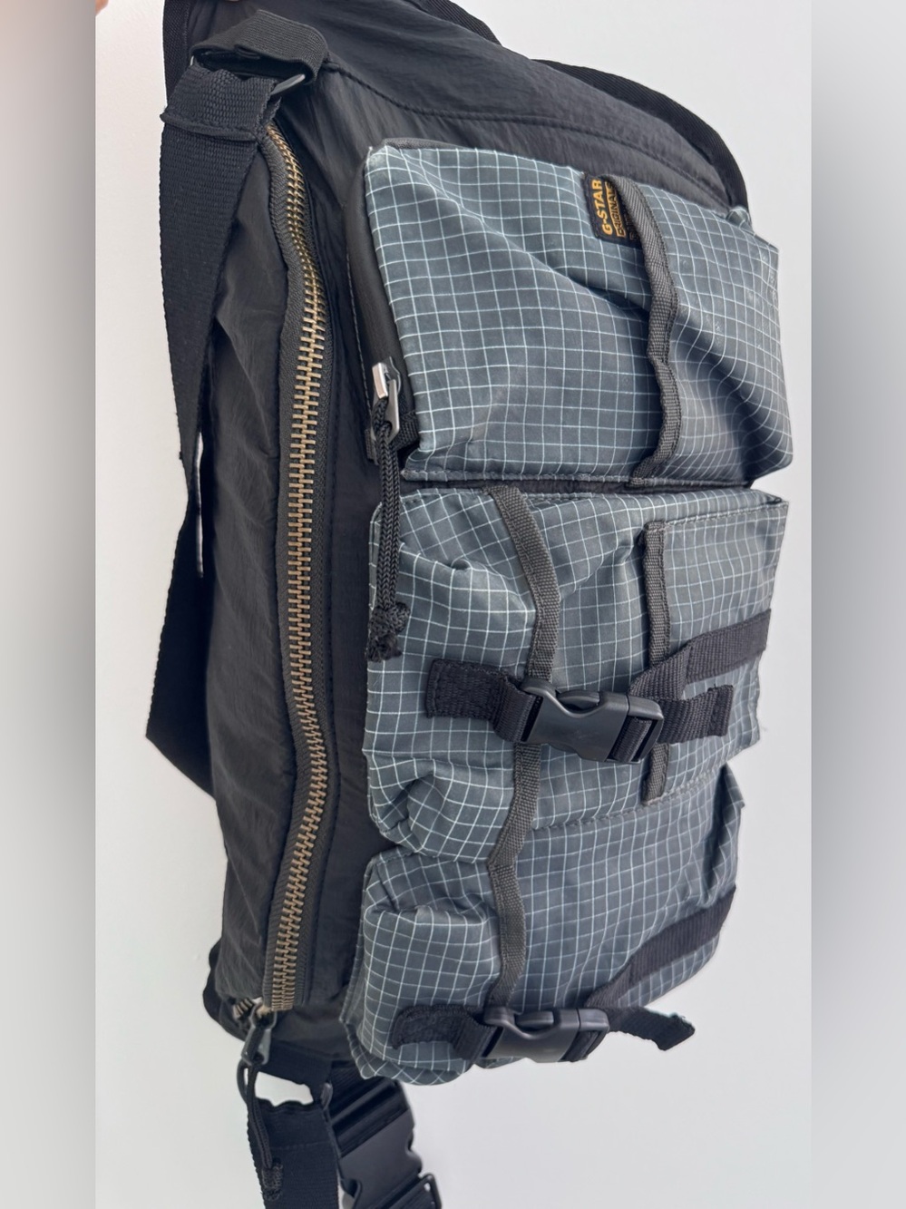 G-Star Black and Gray Grid Front-Pocket Backpack